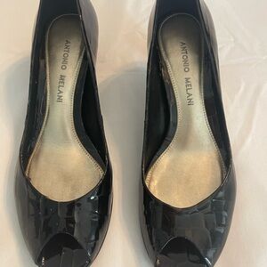 ANTONIO MELANI Black Patent Peep-Toe Heels